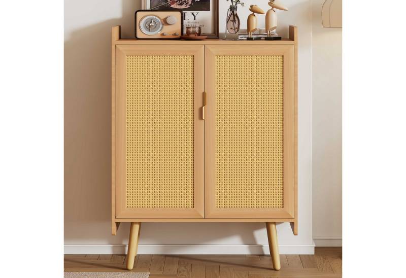 BlingBin Sideboard Kommode mit 2 Türen (1 St., Maße: B80/T35/H105,5 cm), Rattan-Design, Schuhschrank mit Metallgriffen und Massivholzfüßen von BlingBin