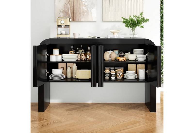 BlingBin Sideboard Küchenschrank Anrichte Buffetschrank, Sideboard mit Abgerundeter Ecke (Aufbewahrungsschrank mit 4 Magnetischen Türen, mit Kippsicherung, 1 St., 120*39.8*75CM, Tragendes Gewicht: 60KG), Beistellschrank für Küche, Esszimmer, Wohnzimmer, MDF, Schwarz von BlingBin