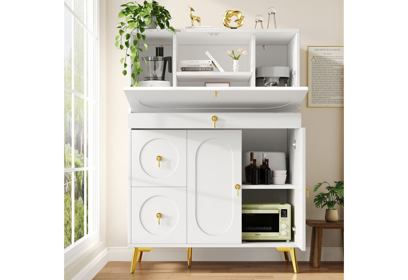 BlingBin Sideboard Küchenschrank Vorratsschrank Esszimmerschrank Beistellschrank Anrichte (Aufbewahrungsschrank mit Falttüren, Schlicht und Modern, 1 St., 100×50×140cm, Tragendes Gewicht: 50KG), Buffetschrank für Küche, Esszimmer und Wohnzimmer, MDF & Metall, Weiß von BlingBin