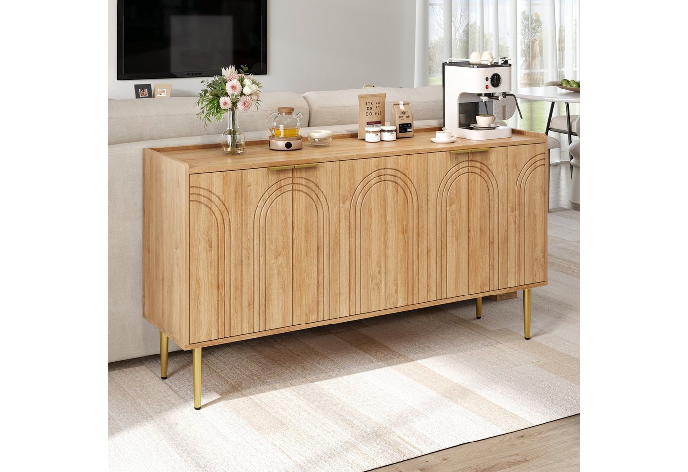 BlingBin Sideboard Küchenschrank simple Anrichte (TV-Schrank, 1 St., mit 4 Türen, Metallbeine, 140L x 38B x 75H(cm), Moderne Sideboard Schrank Anrichte Stauraum Buffet Wohnzimmer Set von BlingBin