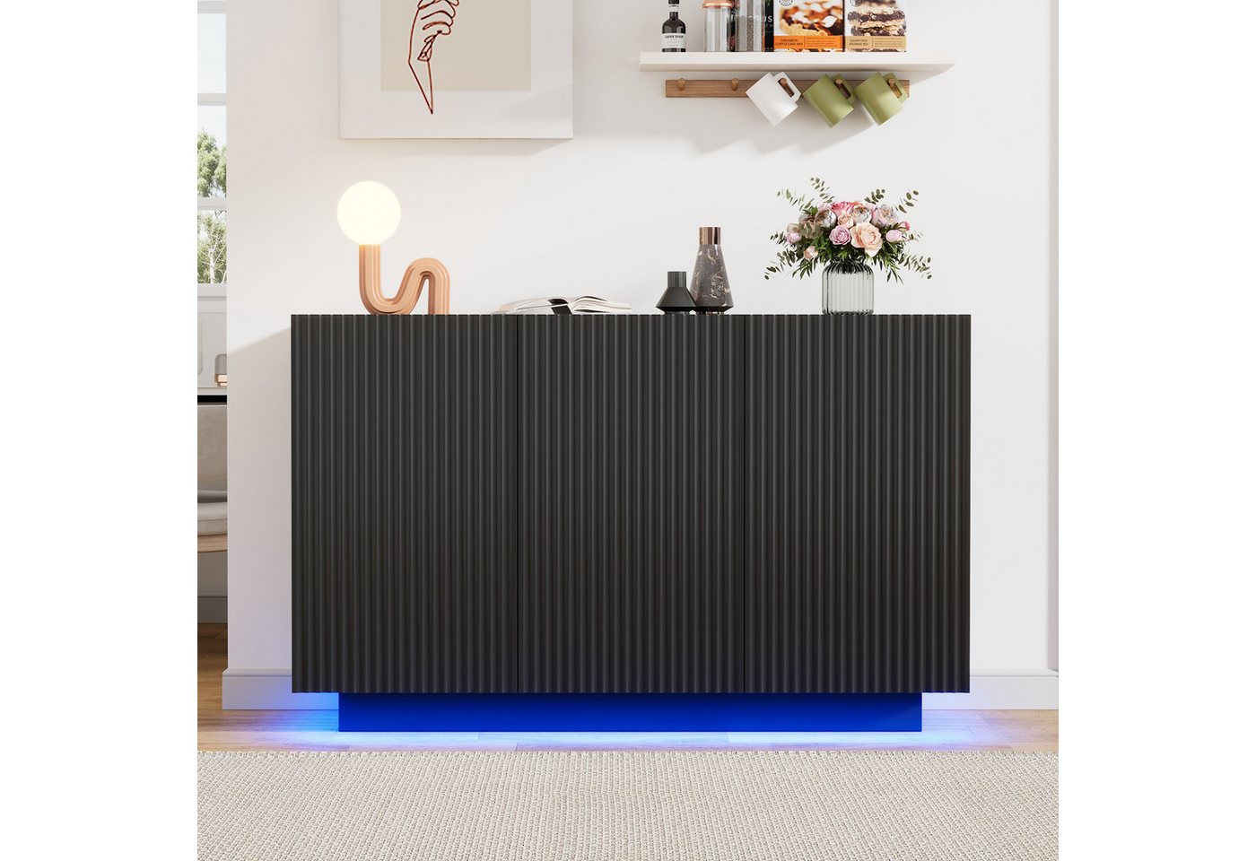 BlingBin Sideboard LED Kommode Küchenschrank 3 Türen mit Led-Licht (1er Set, 1 St., 120x40x75 cm Aufbewahrungsschrank), Marmor-Finish Wohnzimmerschrank, für Wohnzimmer Esszimmer Schlafzimmer von BlingBin
