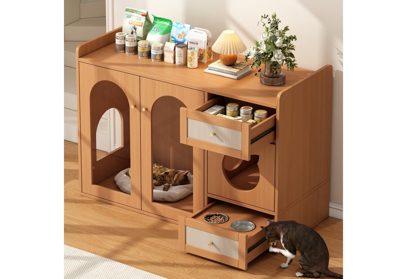 BlingBin Sideboard Mehrzweckiges Katzenhaus & Katzenkloschrank Standschrank (Haustiertierfreundlicher Beistellschrank mit Futterschalen, Katzenruheraum, Lagerbereich (ohne Katzenklo & Katzenkissen), 1 St., Maße: 120 x 45 x 76 cm, Tischplatte: Hat eine Tragfähigkeit von 25 kg), Wohnzimmerschrank aus Spanplatte und Gehärtetem Glas, Nussbaumfarben BlingBin Sideboard Mehrzweckiges Katzenhaus & Katzenkloschrank Standschrank (Haustiertierfreundlicher Beistellschrank mit Futterschalen, Katzenruheraum, Lagerbereich (ohne Katzenklo & Katzenkissen), 1 St., Maße: 120 x 45 x 76 cm, Tischplatte: Hat eine Tragfähigkeit von 25 kg), Wohnzimmerschrank aus Spanplatte und Gehärtetem Glas, Nussbaumfarben von BlingBin