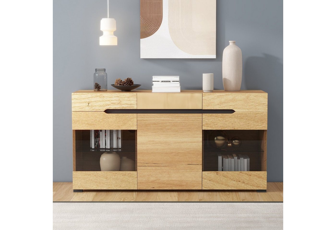 BlingBin Sideboard Modern Anrichte Schrank Kommode mit LED Breite 140CM, OAK (mit viel Stauraum, einstellbarer dynamischer Modus mit Farbsteuerung), Gesamtgröße: 140*35*80 cm von BlingBin