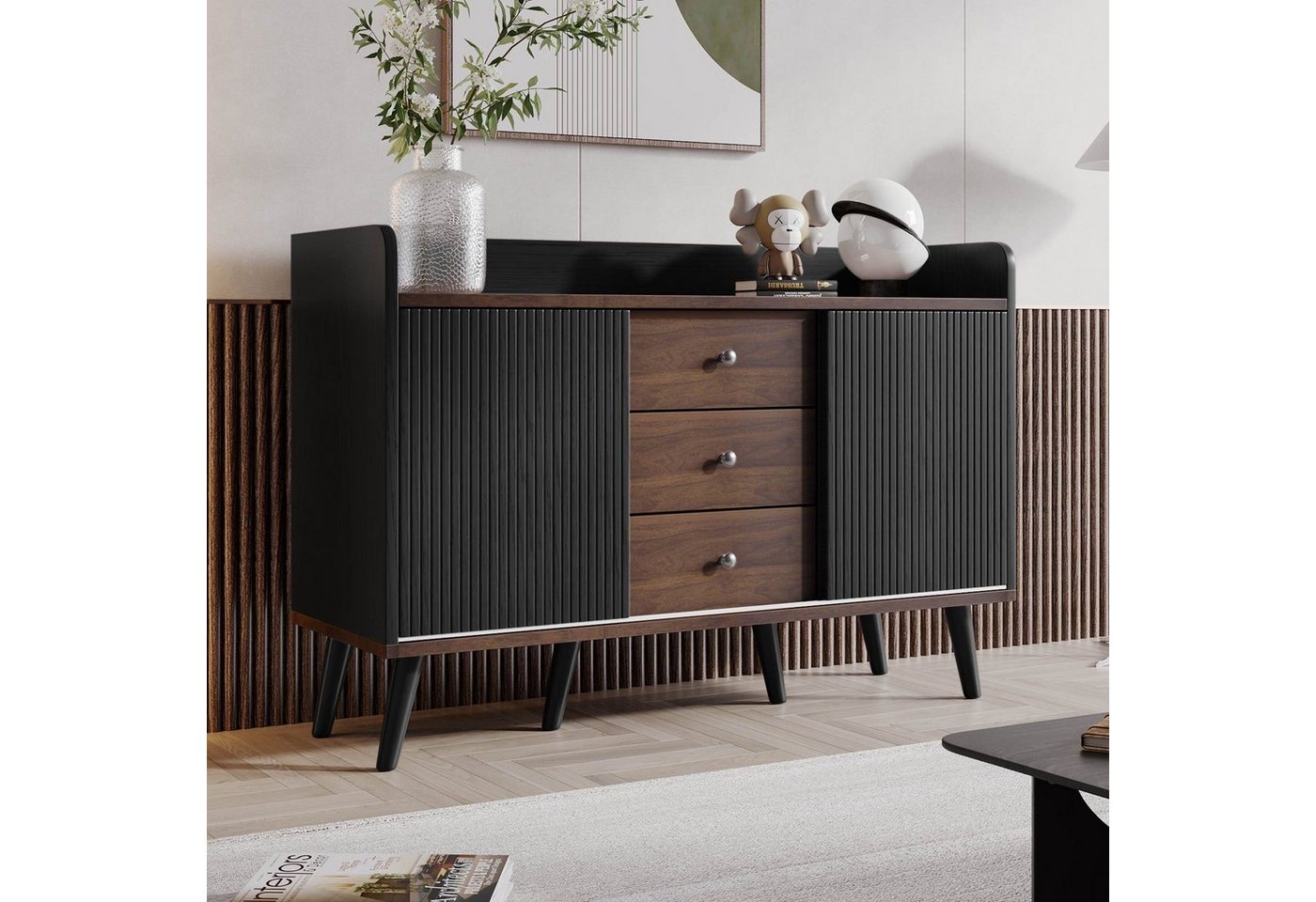 BlingBin Sideboard Moderne Holzfarbe-Sideboard mit drei Schubladen (1er Set, 1 St), Sideboard für Schlafzimmer und Wohnzimmer, mit Stauraumregalen von BlingBin