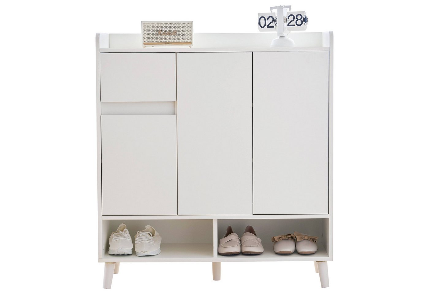BlingBin Sideboard Moderne Kommode Schuhschrank Schuhkommode Beistellschrank (Aufbewahrungsschrank mit 3 Türen, 1 Schubladen, 2 Offene Fächer und Verstellbaren Regal, 1 St., Maße: 90*35*99 cm, Tragkraft: Tischplatte-50kg, Schubladen-20kg), Schuhaufbewahrung für Flur, Esszimmer, Wohnzimmer, Spanplatte, Weiß von BlingBin