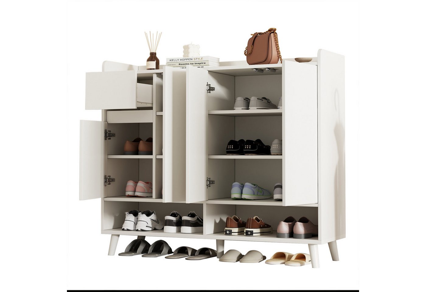 BlingBin Sideboard Moderne Kommode Schuhschrank Schuhkommode Beistellschrank (Aufbewahrungsschrank mit 4 Türen, 1 Schubladen, 2 Offene Fächer und Verstellbaren Regal, 1 St., Maße: 120*35*99 cm, Tragkraft: Tischplatte-50kg, Schubladen-20kg), Schuhaufbewahrung für Flur, Esszimmer, Wohnzimmer, Spanplatte, Weiß von BlingBin