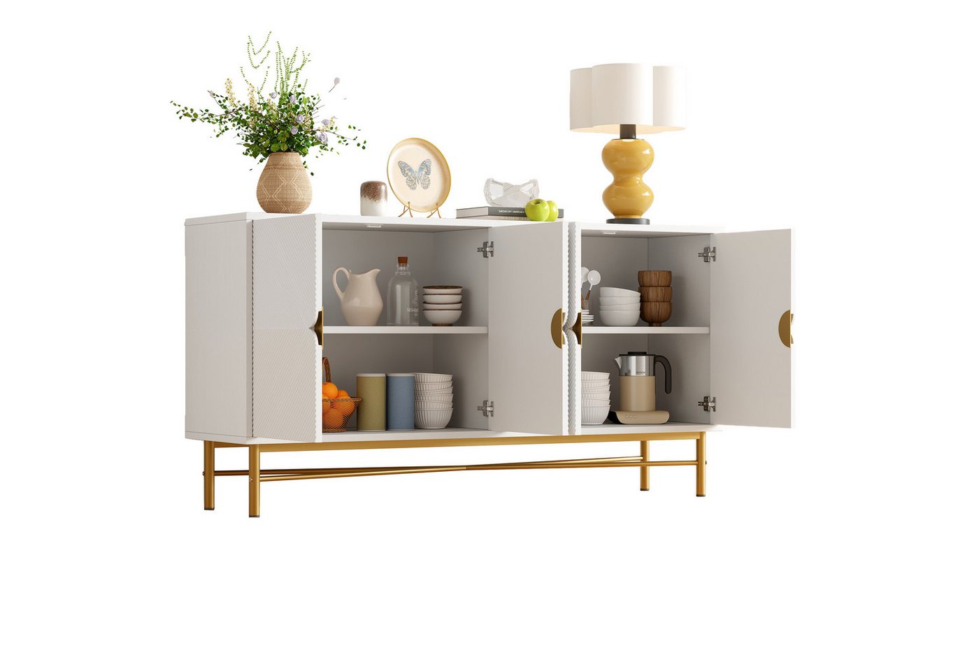 BlingBin Sideboard Moderner Anrichte Küchenschrank, Buffetschrank mit Erhabener Textur (Aufbewahrungsschrank mit Vier Türen, Goldene Gebürstete Griffe und Hochglanz Tischbeine, 1 St., Gesamtabmessungen: 160*40*82cm, Produktladung: 50kg), Beistellschrank für Wohnzimmer Esszimmer Flur, Spanplatte, Weiß BlingBin Sideboard Moderner Anrichte Küchenschrank, Buffetschrank mit Erhabener Textur (Aufbewahrungsschrank mit Vier Türen, Goldene Gebürstete Griffe und Hochglanz Tischbeine, 1 St., Gesamtabmessungen: 160*40*82cm, Produktladung: 50kg), Beistellschrank für Wohnzimmer Esszimmer Flur, Spanplatte, Weiß von BlingBin