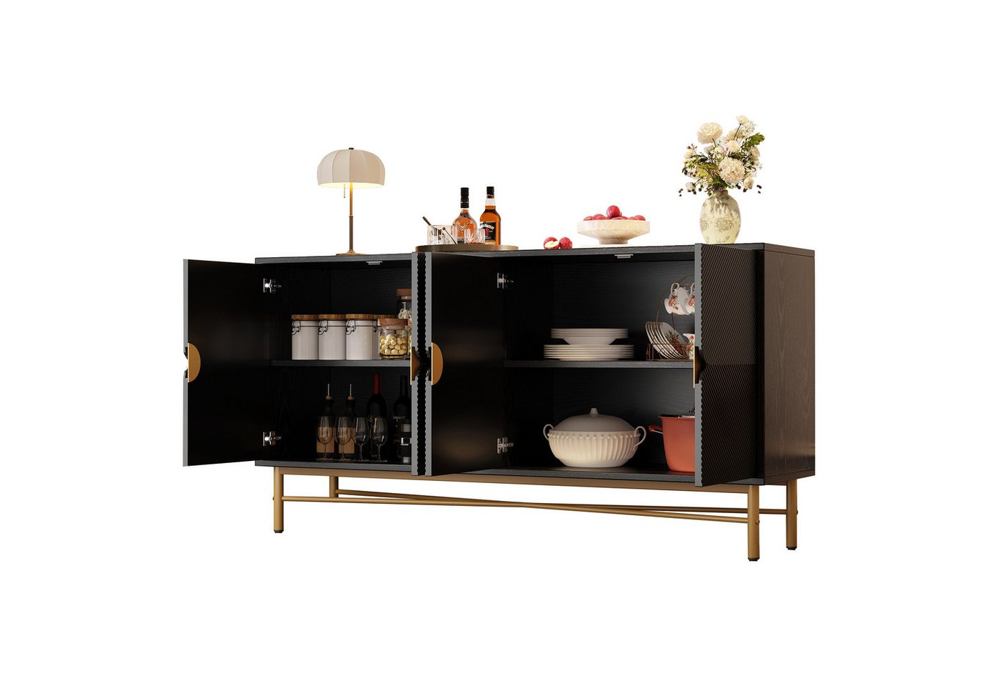 BlingBin Sideboard Moderner Anrichte Küchenschrank, Buffetschrank mit Erhabener Textur (Aufbewahrungsschrank mit Vier Türen, Goldene Gebürstete Griffe und Hochglanz Tischbeine, 1 St., Gesamtabmessungen: 160*40*82cm, Produktladung: 50kg), Beistellschrank für Wohnzimmer Esszimmer Flur, Spanplatte, Schwarz BlingBin Sideboard Moderner Anrichte Küchenschrank, Buffetschrank mit Erhabener Textur (Aufbewahrungsschrank mit Vier Türen, Goldene Gebürstete Griffe und Hochglanz Tischbeine, 1 St., Gesamtabmessungen: 160*40*82cm, Produktladung: 50kg), Beistellschrank für Wohnzimmer Esszimmer Flur, Spanplatte, Schwarz von BlingBin