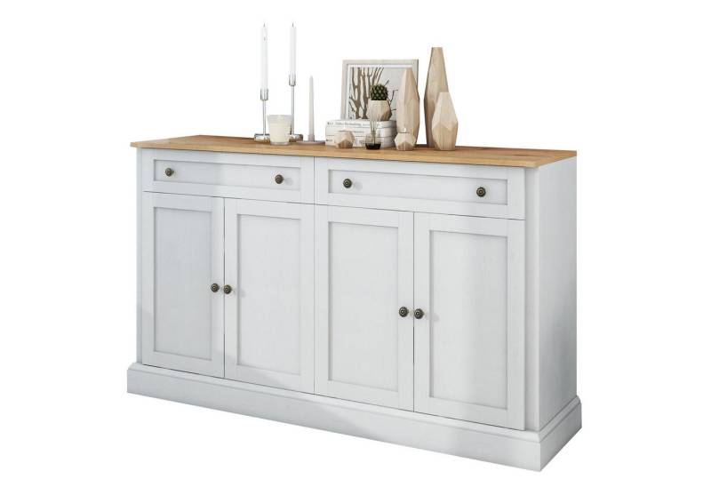 BlingBin Sideboard Moderner Buffetschrank Anrichte Kommode Beistellschrank Küchenschrank (Größe:150 x 40 x 86 cm, Gewichtskapazität: Ischplatte: 34 KG, Regale und Schubladen: 11 KG, 1 St., Aufbewahrungsschrank mit 4 Türen und 2 Schubladen, MDF & Spanplatte), Standschrank für Esszimmer und Wohnzimmer, Antikweiß & Naturholz von BlingBin