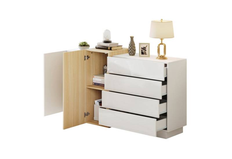 BlingBin Sideboard Moderner Hochglanz Anrichte, Kommode, Buffetschrank Küchenschrank (Mehrzweckschrank Esszimmerschrank mit 2 Türen, 4 Schubladen, 1 St., 160*37*75 cm, Tragfähigkeit von 30 kg), Holzfarbener Aufbewahrungsschrank für Wohnzimmer & Esszimmer, Weiß von BlingBin