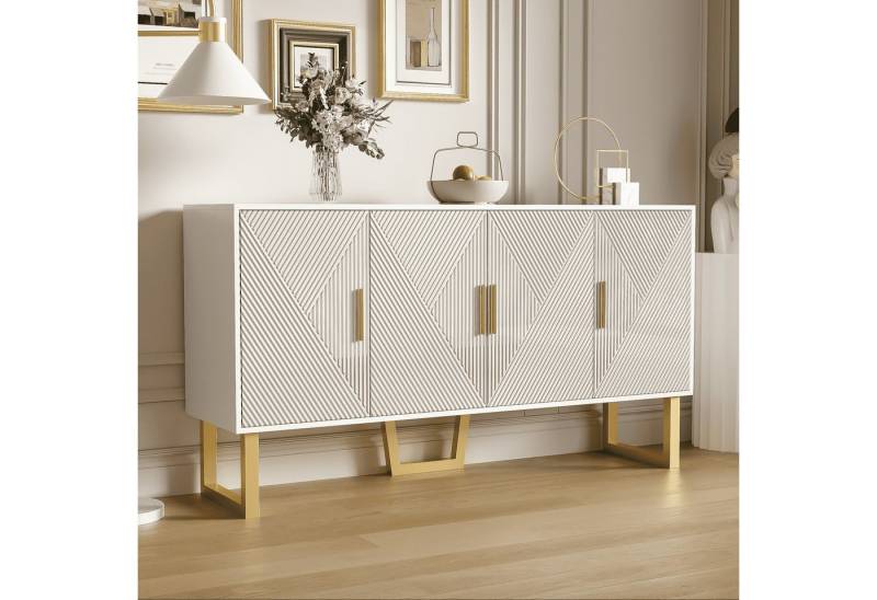 BlingBin Sideboard Moderner Kommode Anrichte Küchenschrank mit 4-Türen (luxuriöser Sideboard mit Höhenverstellbare Regale, MDF & PB, 1 St., 150 x 40 x 82cm, Produktladung: 35 kg), Hochglänzenden Strukturierten Türen und Goldenen Griffen, Weiß von BlingBin