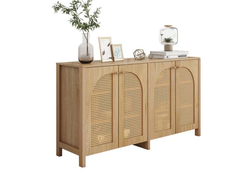 BlingBin Sideboard Modernes Anrichte Buffetschrank Beistellschrank Küchenschrank (Aufbewahrungsschrank mit 4-Rattantür, Metallgriff, Spanplatte und MDF, 1 St., Größe: 145*40*80cm, Gewichtskapazität: Tischplatte-40kg, Regal-10kg), Einfaches Standschrank für Esszimmer, Wohnzimmer, Küche, Naturholz von BlingBin