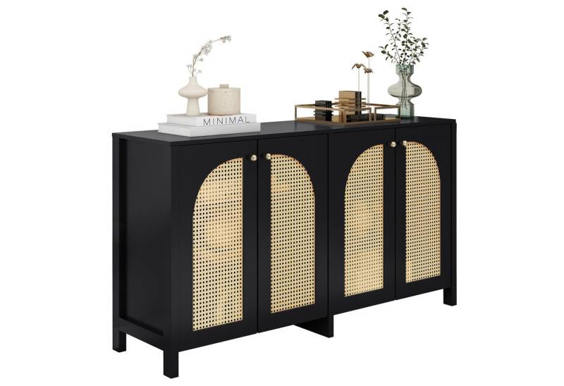 BlingBin Sideboard Modernes Anrichte Buffetschrank Beistellschrank Küchenschrank (Aufbewahrungsschrank mit 4-Rattantür, Metallgriff, Spanplatte und MDF, 1 St., Größe: 145*40*80cm, Gewichtskapazität: Tischplatte-40kg, Regal-10kg), Einfaches Standschrank für Esszimmer, Wohnzimmer, Küche, Schwarz von BlingBin