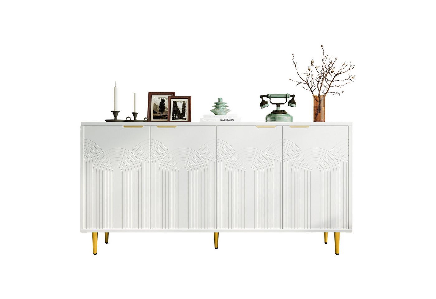 BlingBin Sideboard Modernes Anrichte Buffetschrank Beistellschrank Küchenschrank (Aufbewahrungsschrank mit 4 Türen, Goldene Gebürstete Griffe und Hochglanz Tischbeine, 1 St., Maße: 160*40*80cm, Gewichtskapazität: Tischplatte - 50kg), Sideboard für Esszimmer, Wohnzimmer, Spanplatte, Weiß von BlingBin