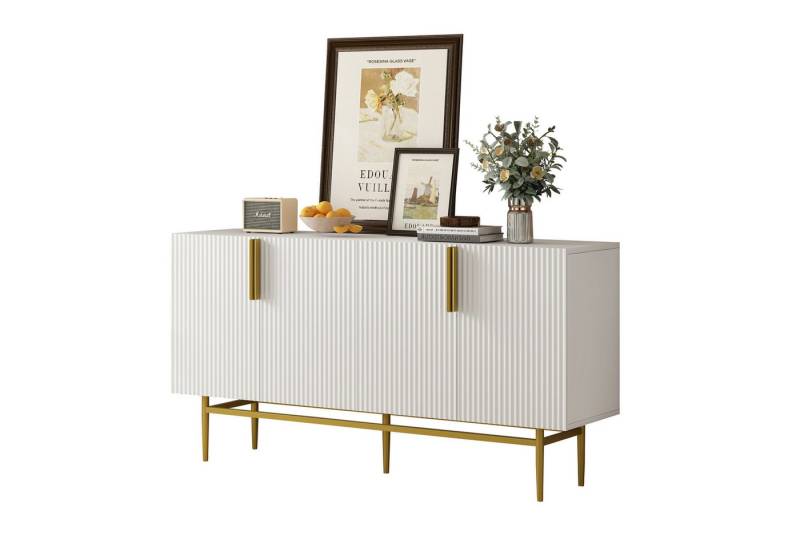 BlingBin Sideboard Modernes Anrichte Buffetschrank Beistellschrank Küchenschrank (Aufbewahrungsschrank mit 4 Türen und Goldfarbener Metallgriff, mit Verstellbaren Einlegeböden, 1 St., Maße: 152,5*40,5*80cm,Gewichtskapazität: Tischplatte-74,8kg, Regal-9kg), Schrank für Esszimmer, Wohnzimmer, MDF & Spanplatte & Metall, Weiß von BlingBin