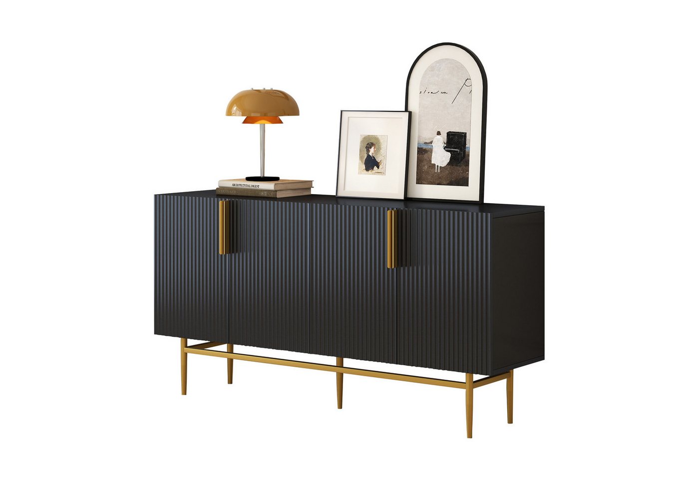 BlingBin Sideboard Modernes Anrichte Buffetschrank Beistellschrank Küchenschrank (Aufbewahrungsschrank mit 4 Türen und Goldfarbener Metallgriff, mit Verstellbaren Einlegeböden, 1 St., Maße: 152,5*40,5*80cm,Gewichtskapazität: Tischplatte-74,8kg, Regal-9kg), Schrank für Esszimmer, Wohnzimmer, MDF & Spanplatte & Metall, Schwarz BlingBin Sideboard Modernes Anrichte Buffetschrank Beistellschrank Küchenschrank (Aufbewahrungsschrank mit 4 Türen und Goldfarbener Metallgriff, mit Verstellbaren Einlegeböden, 1 St., Maße: 152,5*40,5*80cm,Gewichtskapazität: Tischplatte-74,8kg, Regal-9kg), Schrank für Esszimmer, Wohnzimmer, MDF & Spanplatte & Metall, Schwarz von BlingBin