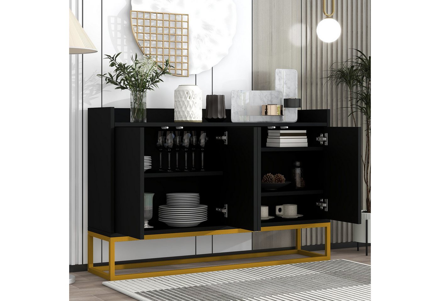 BlingBin Sideboard Modernes Anrichte Buffetschrank Beistellschrank Küchenschrank (Größe: 120*30*80cm, Gewichtskapazität: Tischplatte: 34 KG, Regal: 11 KG, 1 St., Aufbewahrungsschrank mit 4 Türen, Griffloser, Tischbeine aus Metall), Standschrank für Esszimmer, Wohnzimmer, Spanplatte & MDF, Schwarz von BlingBin