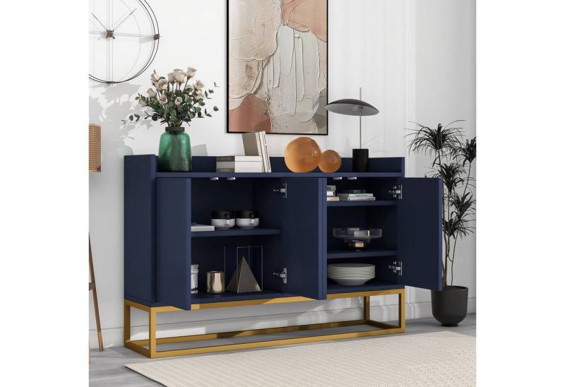 BlingBin Sideboard Modernes Anrichte Buffetschrank Beistellschrank Küchenschrank (Größe: 120*30*80cm, Gewichtskapazität: Tischplatte: 34 KG, Regal: 11 KG, 1 St., Aufbewahrungsschrank mit 4 Türen, Griffloser, Tischbeine aus Metall), Standschrank für Esszimmer, Wohnzimmer, Spanplatte & MDF, Marineblau von BlingBin