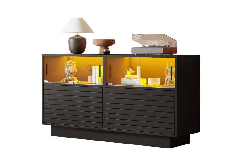BlingBin Sideboard Modernes Anrichte Buffetschrank Beistellschrank Vitrinenschränke (Aufbewahrungsschrank mit 2 Kabinett, 4 Fächern und LED-Licht, gehärtetes Glas, 1 St., Größe: 130 x 35 x 68 cm, Tragkraft: 30KG), Lagerschrank für Wohnzimmer Esszimmer, Spanplatte, Schwarz von BlingBin