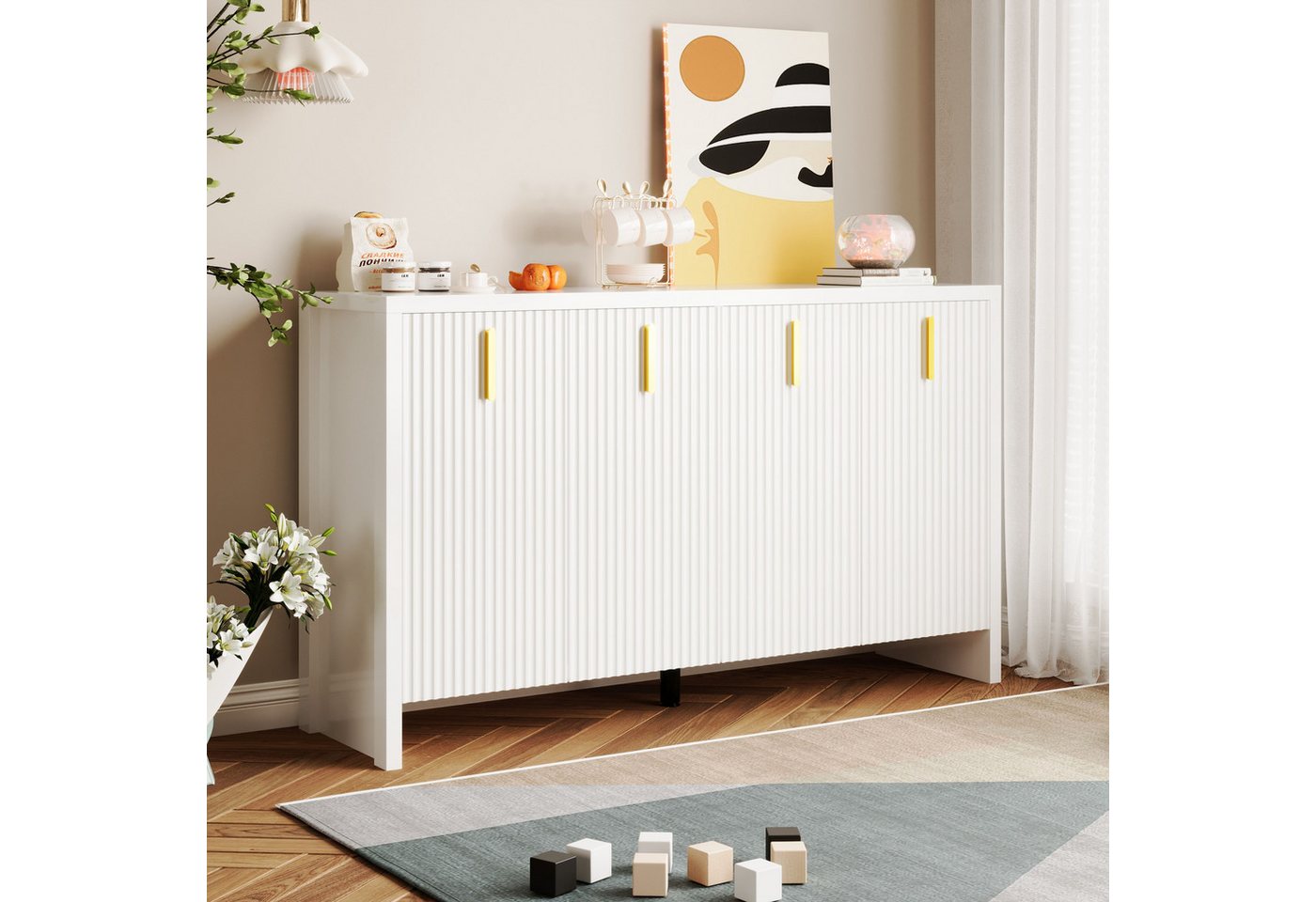 BlingBin Sideboard Modernes Wohnzimmerschrank, Anrichte, Buffet mit 4 Türen (Flexibler Aufbewahrung und Elegantem Design, 1 St., 140*80*38cm, Produktladung: 50KG, Weiß), Sideboard mit Goldene Griffe und Verstellbare Trennwände von BlingBin