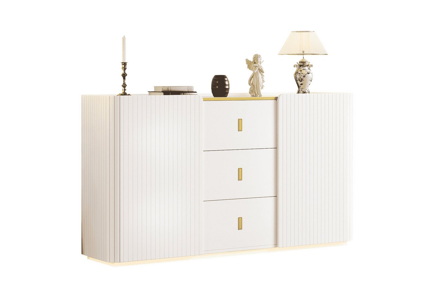 BlingBin Sideboard Multifunktionales Sideboard, Anrichte mit LED-Beleuchtung, 150*35*80cm (1er Set, 2 St., Gewichtskapazität: 10-50 KG), Kommode mit 2 Türen und 3 Schubkästen für Wohnzimmer Flur, Weiß von BlingBin