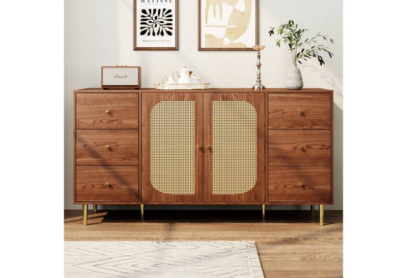 BlingBin Sideboard Rattan-Anrichte, Aufbewahrungsschrank Kommode Buffetschrank (Beistellschrank mit 6 Schublade und 2 Türen, Aus MDF, 1 St., 160 x 40 x 90 cm, Tragendes Gewicht: 60KG), Unabhängiger Holzschrank für Wohnzimmer Arbeitszimmer Küche, Braun von BlingBin