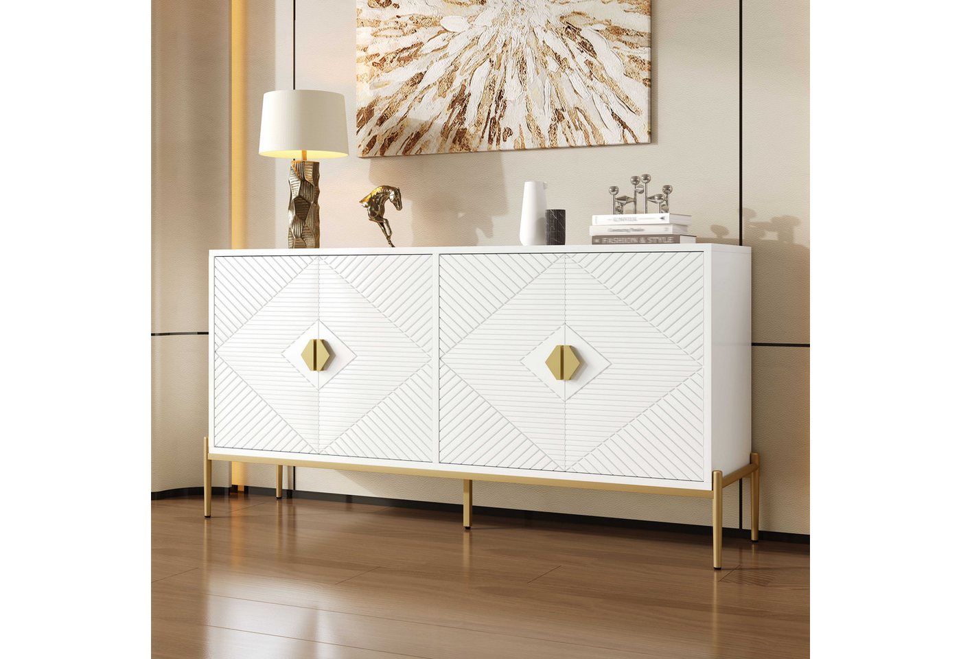BlingBin Sideboard Schränke Wohnzimmerschrank Esszimmerschrank (1 St., mit 4 Türen,goldenen Metallgriffe und Metallbeine), 162 x 40 x 80cm,für Wohnzimmer,Esszimmer,Eingang von BlingBin