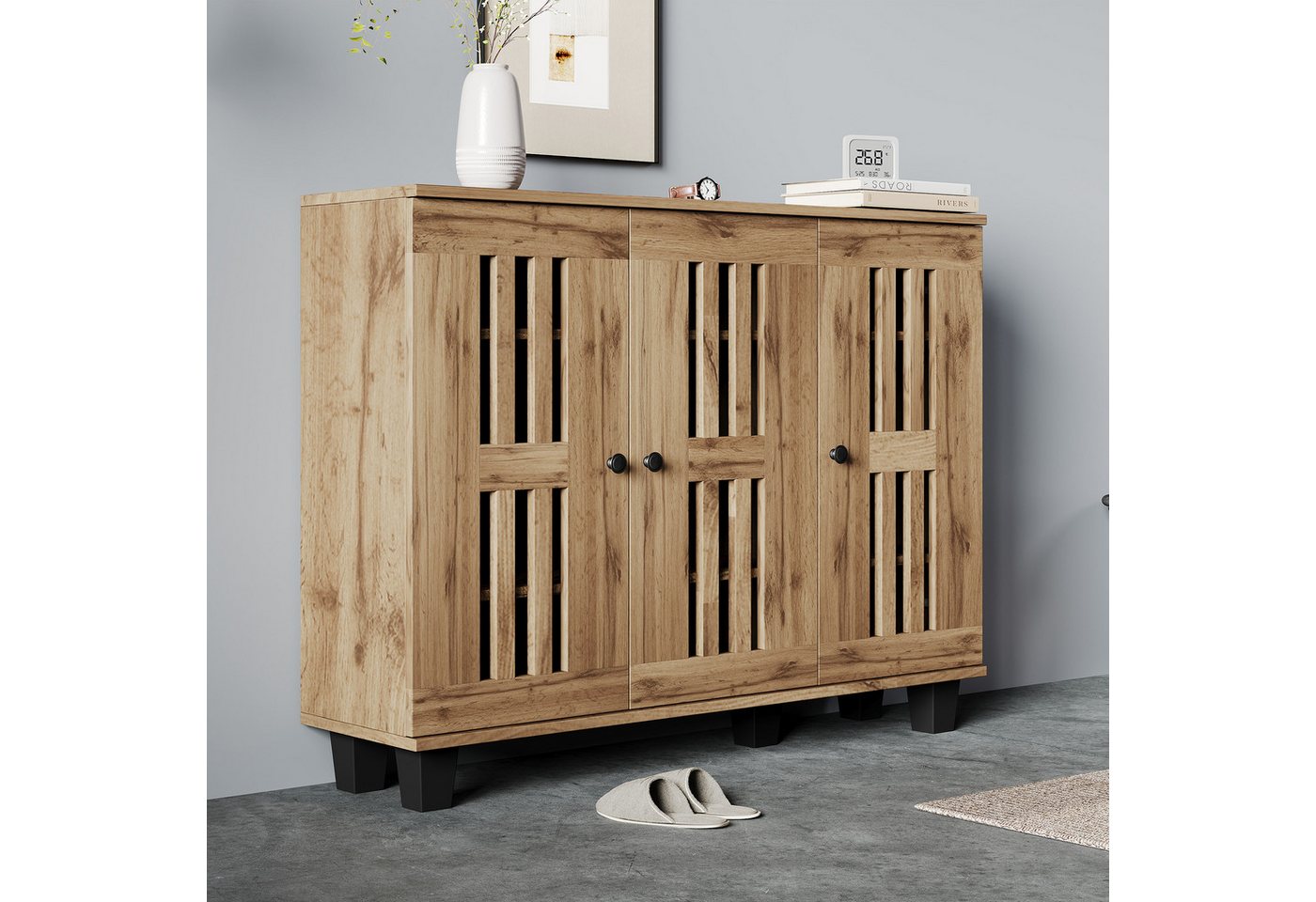 BlingBin Sideboard Seitenschrank Beistelltisch Buffetschrank Anrichte Küchenschrank (Aufbewahrungsschrank mit 3 Türen und 8 Unterteilte Ablagefächer, Spanplatte, 1 St., Gesamtgröße: 120*32*92cm, Gesamttragfähigkeit: 40kg), Geeignet für Wohnzimmer, Büro und Eingangsbereich, Holzfarbe & Schwarz BlingBin Sideboard Seitenschrank Beistelltisch Buffetschrank Anrichte Küchenschrank (Aufbewahrungsschrank mit 3 Türen und 8 Unterteilte Ablagefächer, Spanplatte, 1 St., Gesamtgröße: 120*32*92cm, Gesamttragfähigkeit: 40kg), Geeignet für Wohnzimmer, Büro und Eingangsbereich, Holzfarbe & Schwarz von BlingBin