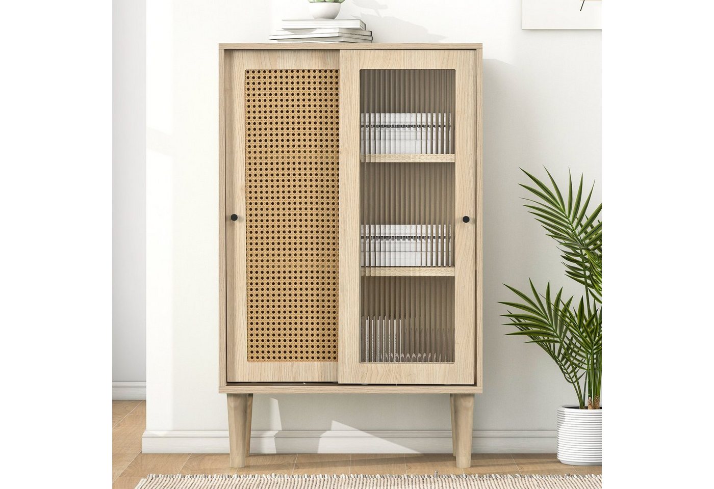 BlingBin Sideboard Stehschrank Bücherregal (1 St., mit Kunststoff-Rattantüren und Glasschiebetür), verstellbare Regalböden, Massivholzbeine, 6 Fächern von BlingBin