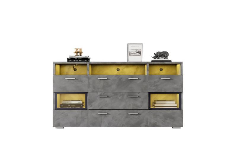 BlingBin Sideboard Unterschrank, Stauschrank, Eckschrank, 140 cm, grau (1er Set, 1 St., 2 Türen, 3 Schubladen plus offener Stauraum), Modernes Sideboard mit LED-Beleuchtung und transparenten Acryltüren von BlingBin