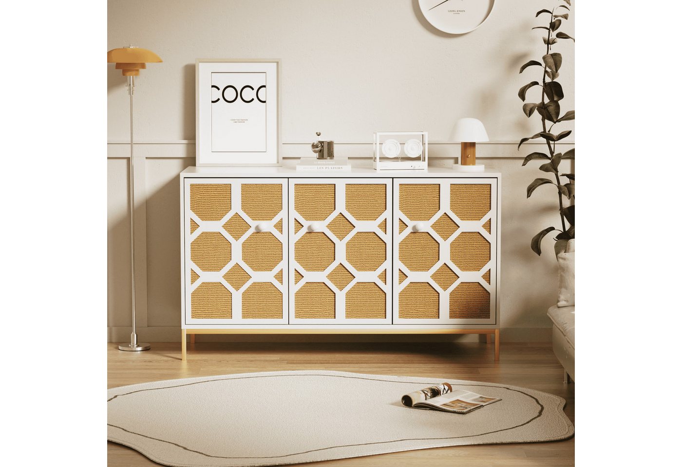 BlingBin Sideboard Wohnzimmerschrank (120*40*71,5cm), strukturierte Rattantür, inklusive verstellbarer Einlegeböden von BlingBin