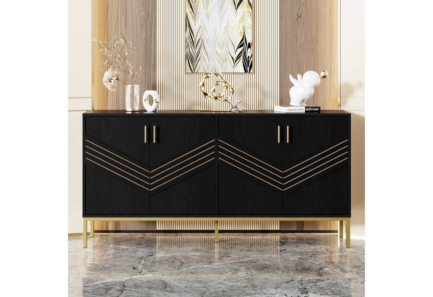 BlingBin Sideboard Wohnzimmerschrank Anrichte Esszimmerschrank (1 St., MDF-Korpus mit Metallbeinen,4 Türen,höhenverstellbare Regale), Stilvolles Design,für Wohnzimmer,Esszimmer,Flur,160×40×80,5cm von BlingBin