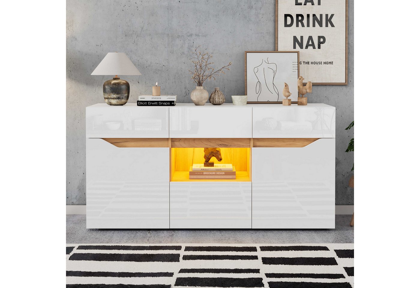 BlingBin Sideboard Wohnzimmerschrank Anrichte Esszimmerschrank (1 St., Mit 4 Schubladen,Fächern,LED-Beleuchtung), vielseitig einsetzbar,140×40×70cm,Weiß+Holzfarbe von BlingBin