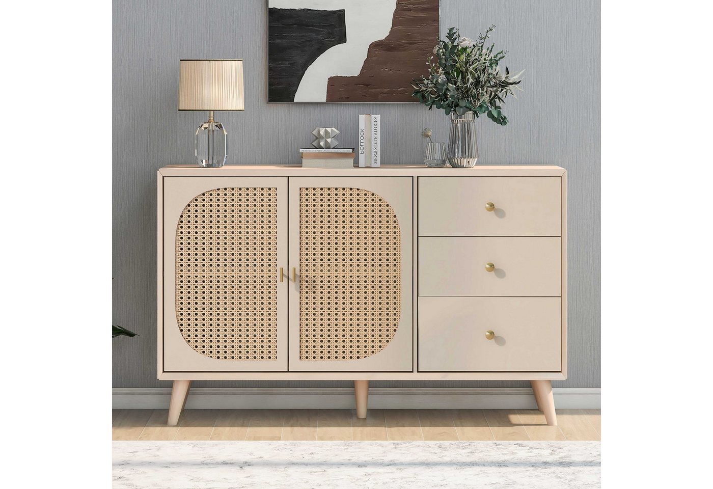 BlingBin Sideboard Wohnzimmerschrank Anrichte Esszimmerschrank (1 St., mit 2 Türen und 3 Schubladen,großem Stauraum), 120×40×82.5cm,Creme von BlingBin