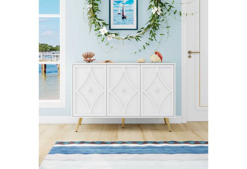 BlingBin Sideboard Wohnzimmerschrank Anrichte Esszimmerschrank (1 St., mit 3 Türen,3D-Schnitzmuster,Metallbeine in Gold), Weiß,für Wohnzimmer,Flur,Schlafzimmer,120×40×80cm von BlingBin