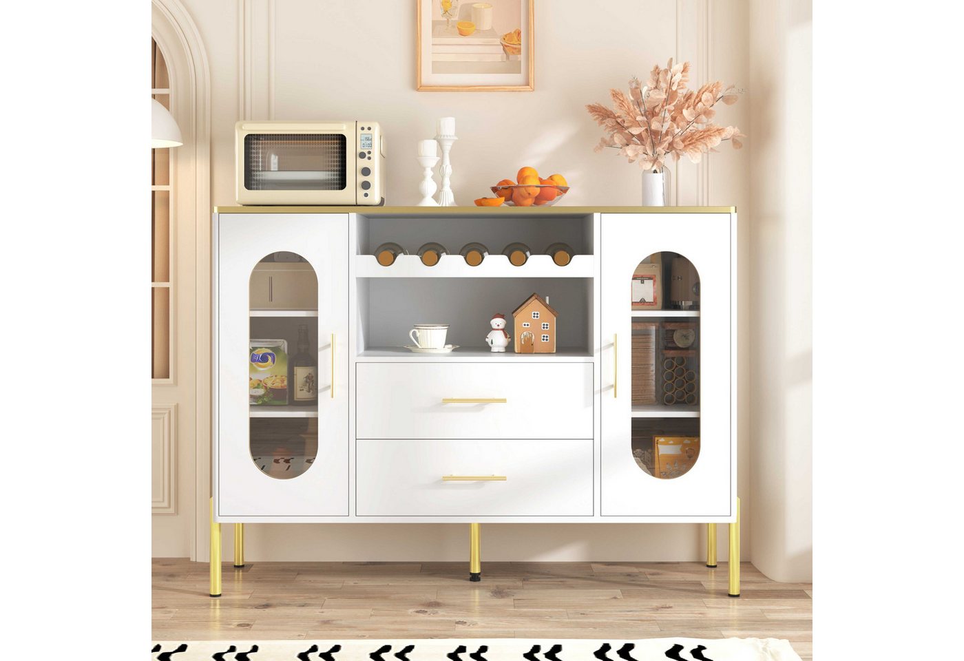 BlingBin Sideboard Wohnzimmerschrank Anrichte Esszimmerschrank (1 St., mit Glasfronten,Weinregal,Verstellbarer Fuß, 2 Schubladen,2 Türen), Weiß,Viel Stauraum,Für Wohnzimmer, Esszimmer, Flur,120x38x90cm von BlingBin