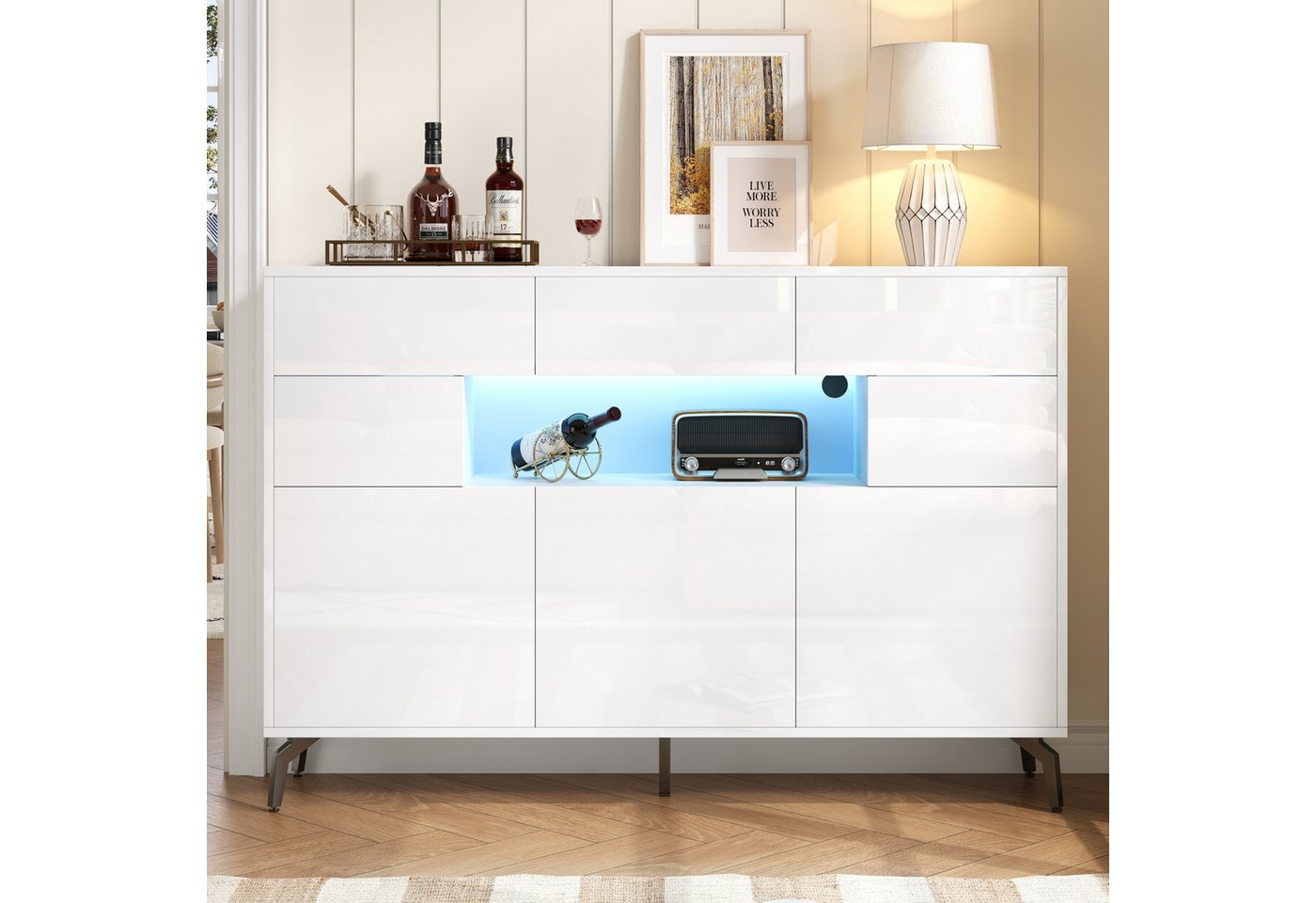 BlingBin Sideboard Wohnzimmerschrank Anrichte Esszimmerschrank (1 St., mit LED-Lichtleiste,3 Schubladen,5 Schränken,5 Metallbeinen), 140×30×94cm,Hochglanz,MDF, weiß von BlingBin