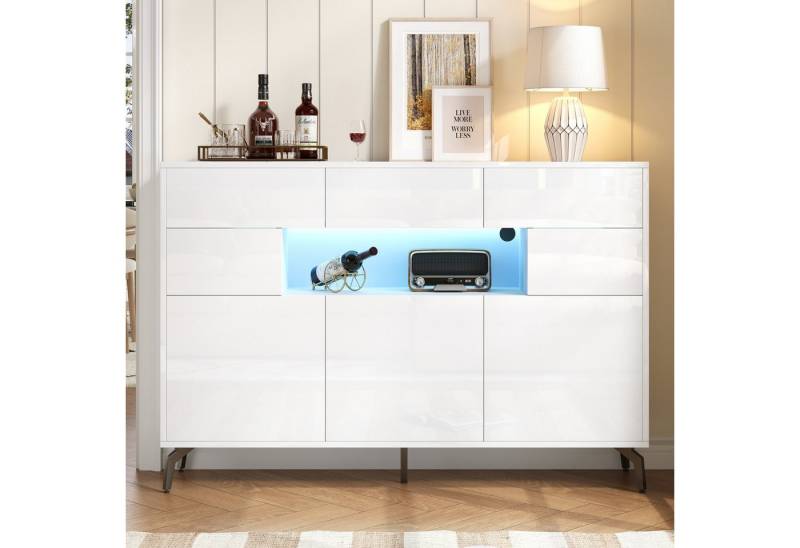 BlingBin Sideboard Wohnzimmerschrank Anrichte Esszimmerschrank (1 St., mit LED-Lichtleiste,3 Schubladen,5 Schränken,5 Metallbeinen), 140×30×94cm,Hochglanz,MDF, weiß von BlingBin