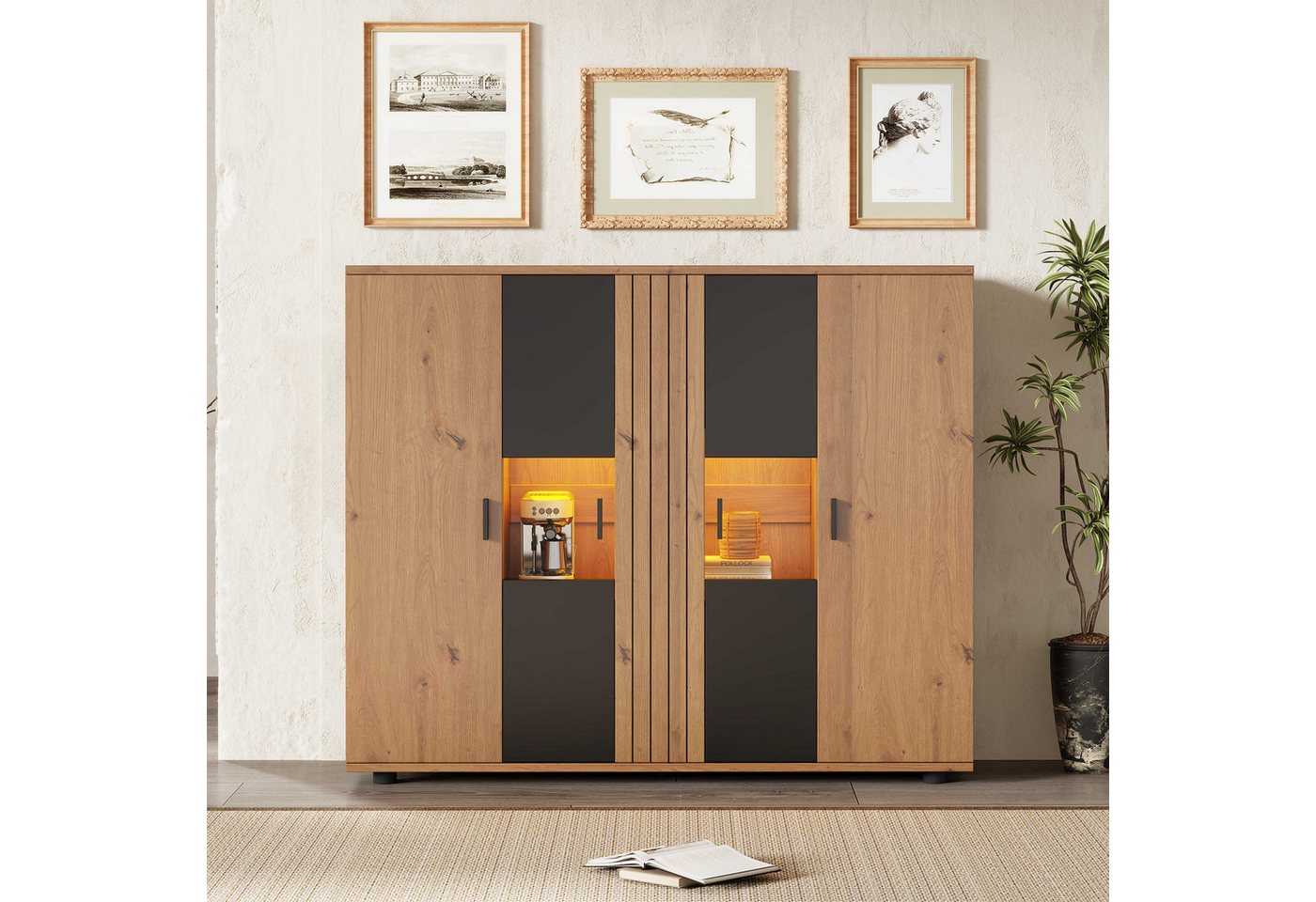 BlingBin Sideboard Wohnzimmerschrank Anrichte Esszimmerschrank (1 St., mit Trennwand-Design und verstellbaren Trennwänden,4 Türen), 140×35×113cm,Schwarz + Holzfarbe von BlingBin