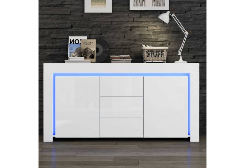 BlingBin Sideboard Wohnzimmerschrank Anrichte Esszimmerschrank (Geeignet für Flure, Wohnzimmer, Büros, 1 St., mit LED-Lichtleiste,3 Schubladen,2 Türen), 140×40×65cm,Hochglanz,Weiß von BlingBin