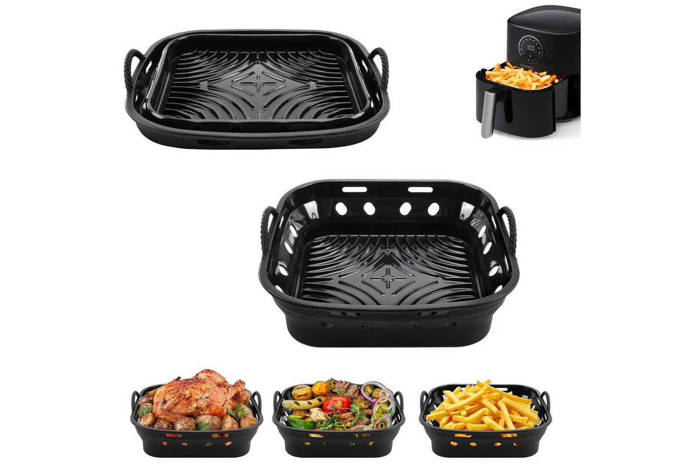 BlingBin Silikonform 2Pcs Silikonform für Heißluftfritteuse 22cm Airfryer Zubehör Backform, (2er Set 2-tlg), geeignet für alle 5L-6,5 quadratischen Heißluftfritteusen von BlingBin