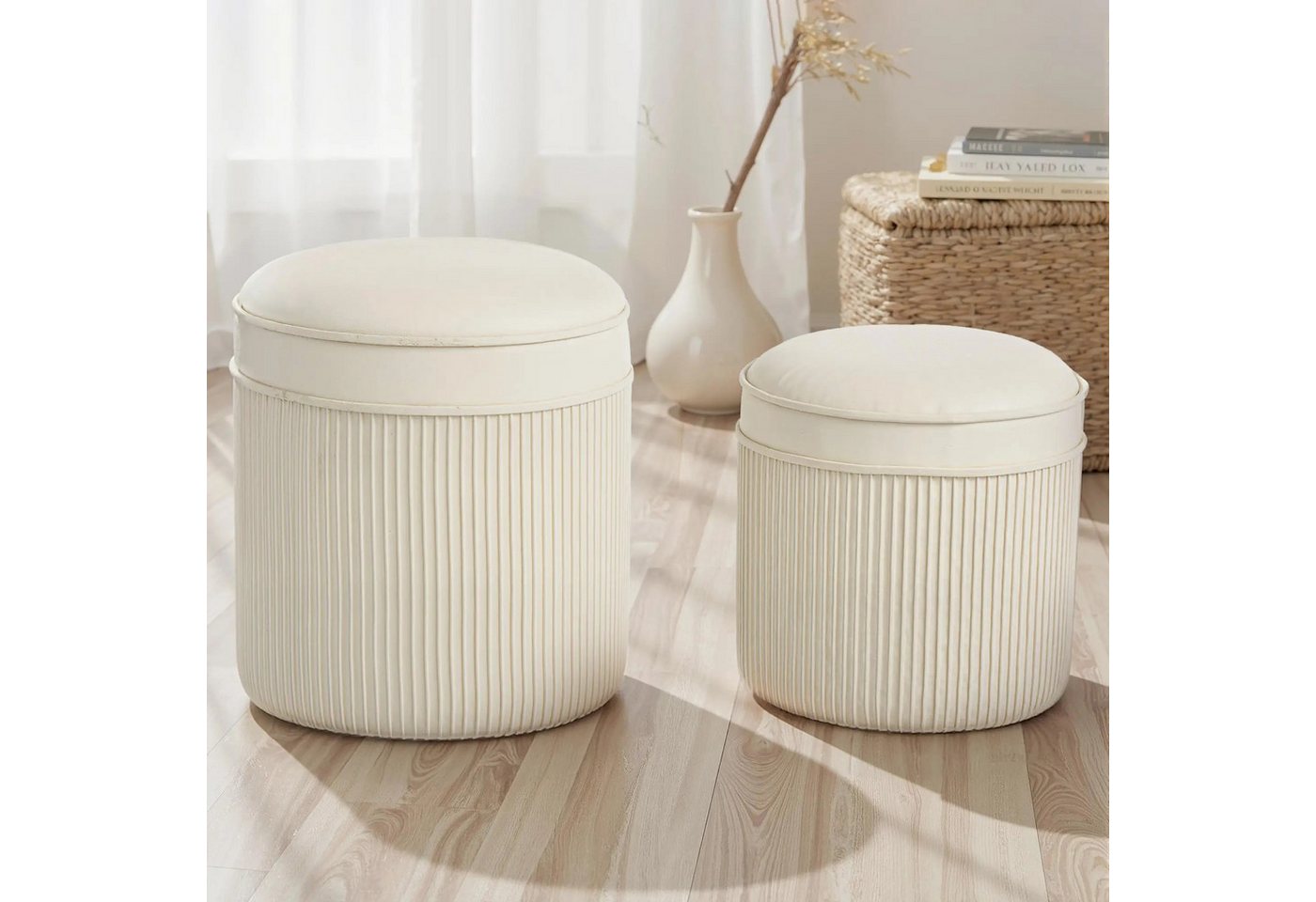 BlingBin Sitzhocker 2er Set Polsterhocker Fußhocker mit Stauraum Hocker mit Deckel (2er Set, 2 St., 36L x 36B x 41,5H cm (Groß), 32L x 32B x 33,5H cm (Klein), Runder Fußhocker mit Samtoptik Ottomane für Wohnzimmer von BlingBin