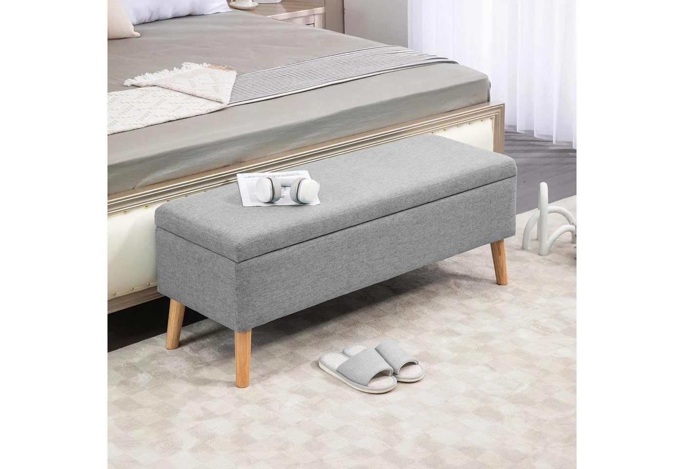 BlingBin Sitztruhe Sitzhocker Fußhocker Sitzbank (mit Stauraum), bis 220 kg, Leinenoptik, 110x39x45cm von BlingBin