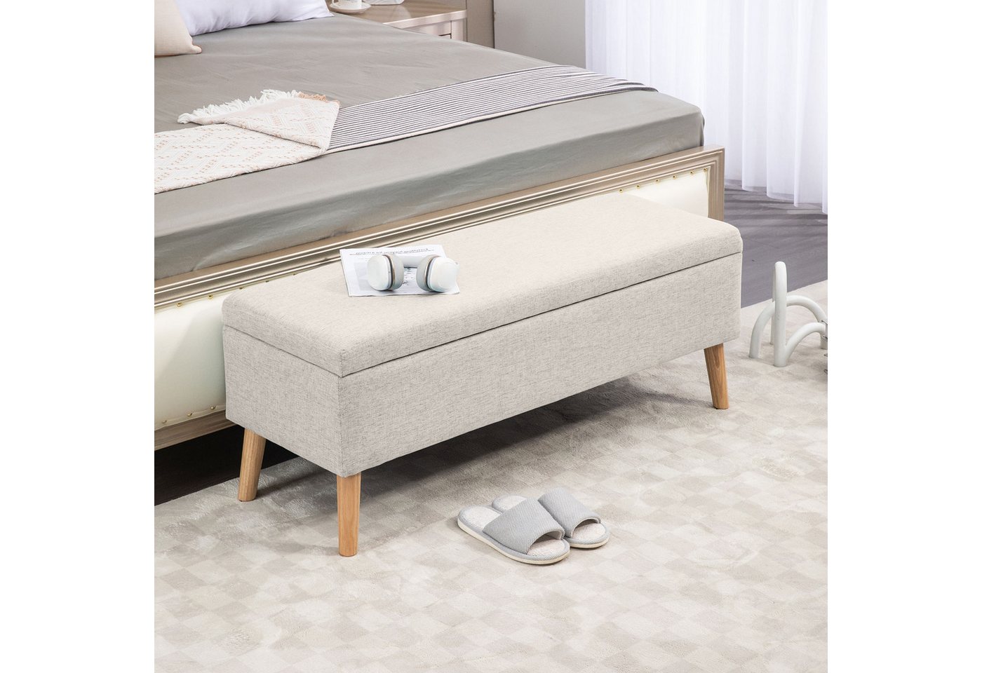 BlingBin Sitztruhe Sitzhocker Fußhocker Sitzbank (mit Stauraum), bis 220 kg, Leinenoptik, 110x39x45cm von BlingBin