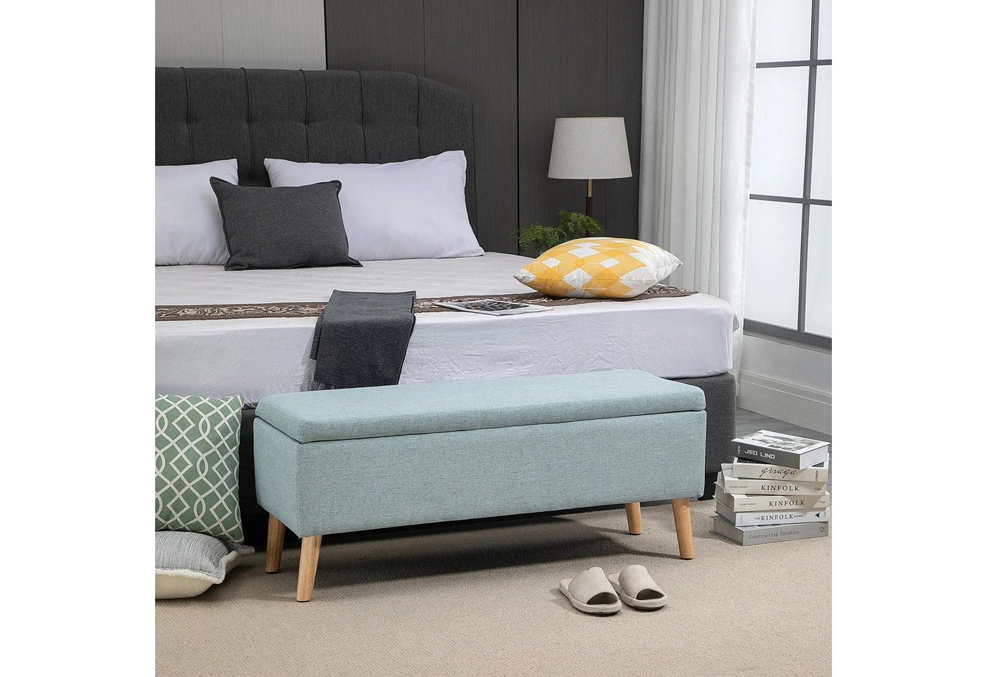 BlingBin Sitztruhe Sitzhocker Fußhocker Sitzbank (mit Stauraum), bis 220 kg, Leinenoptik, 110x39x45cm von BlingBin