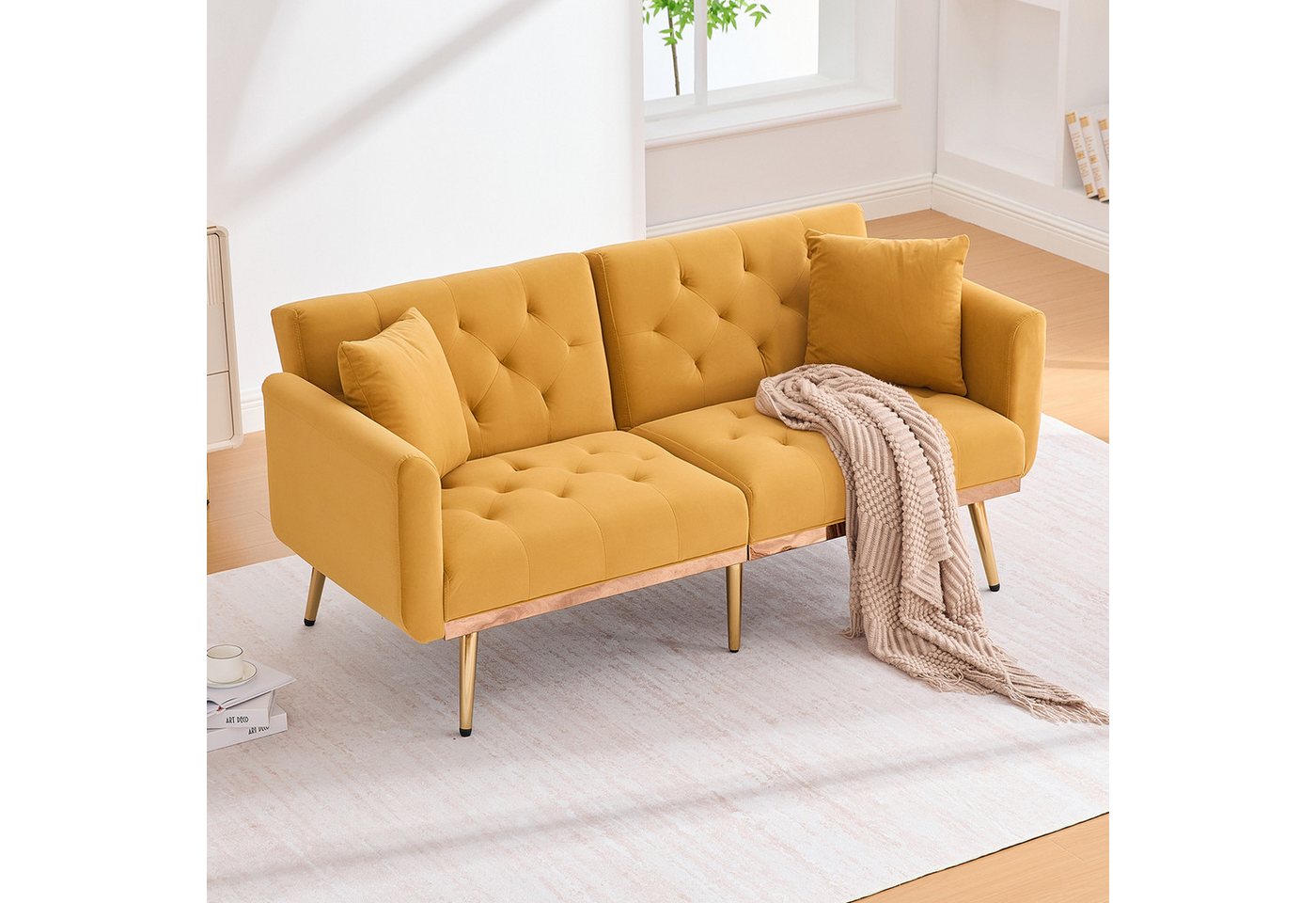 BlingBin Sofa 2-Sitzer-Sofa Loungesofa mit Kisse Samtcouch mit 3-fach verstellbarer, Doppelsofa 1 Teile, Bequemes Bettsofa mit Polsterung und Metallbeinen für kleine Räume von BlingBin