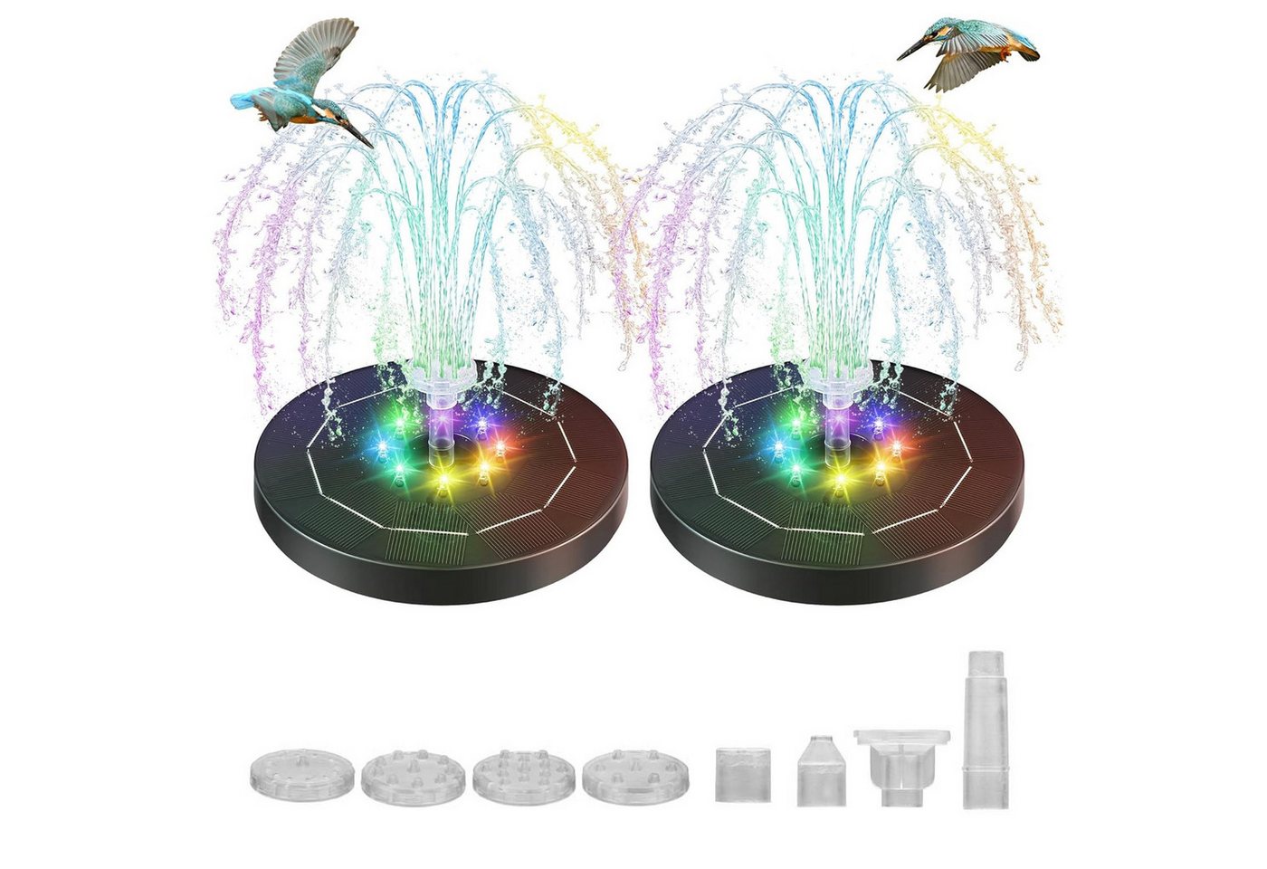 BlingBin Springbrunnenpumpe 3W 160mm Solarbrunnen mit Farbe LED Licht (2er Set, 2-tlg., 7xSprüher), Solar schwimmender Fontäne Pumpe für Garten, Vogel-Bad, Teich von BlingBin