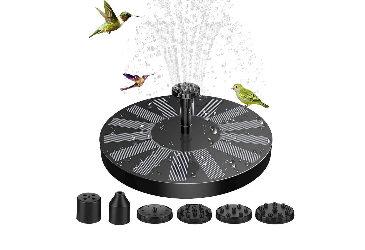 BlingBin Springbrunnenpumpe Solar Springbrunnen mit 65cm Fontänenhöh,1.5W (1er Set, 7-tlg., 1 Springbrunnenpumpe, 6*Düsen), Solarbetriebener Wasserspender für Teich und Garten von BlingBin