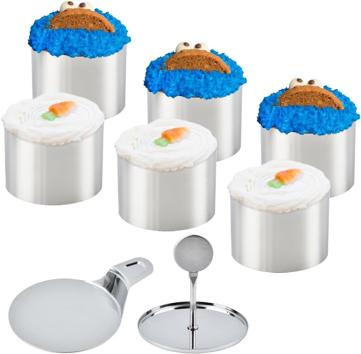 BlingBin Springform Dessertringe und Speiseringe Set 6 Stück,7.5x5.5cm Kuchenringe, (1er Set 8-tlg), Edelstahl Backring Tortenring Servierringe mit Heber & Stampfer von BlingBin