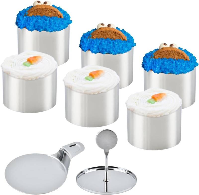 BlingBin Springform Dessertringe und Speiseringe Set 6 Stück,7.5x5.5cm Kuchenringe, (1er Set 8-tlg), Edelstahl Backring Tortenring Servierringe mit Heber & Stampfer von BlingBin